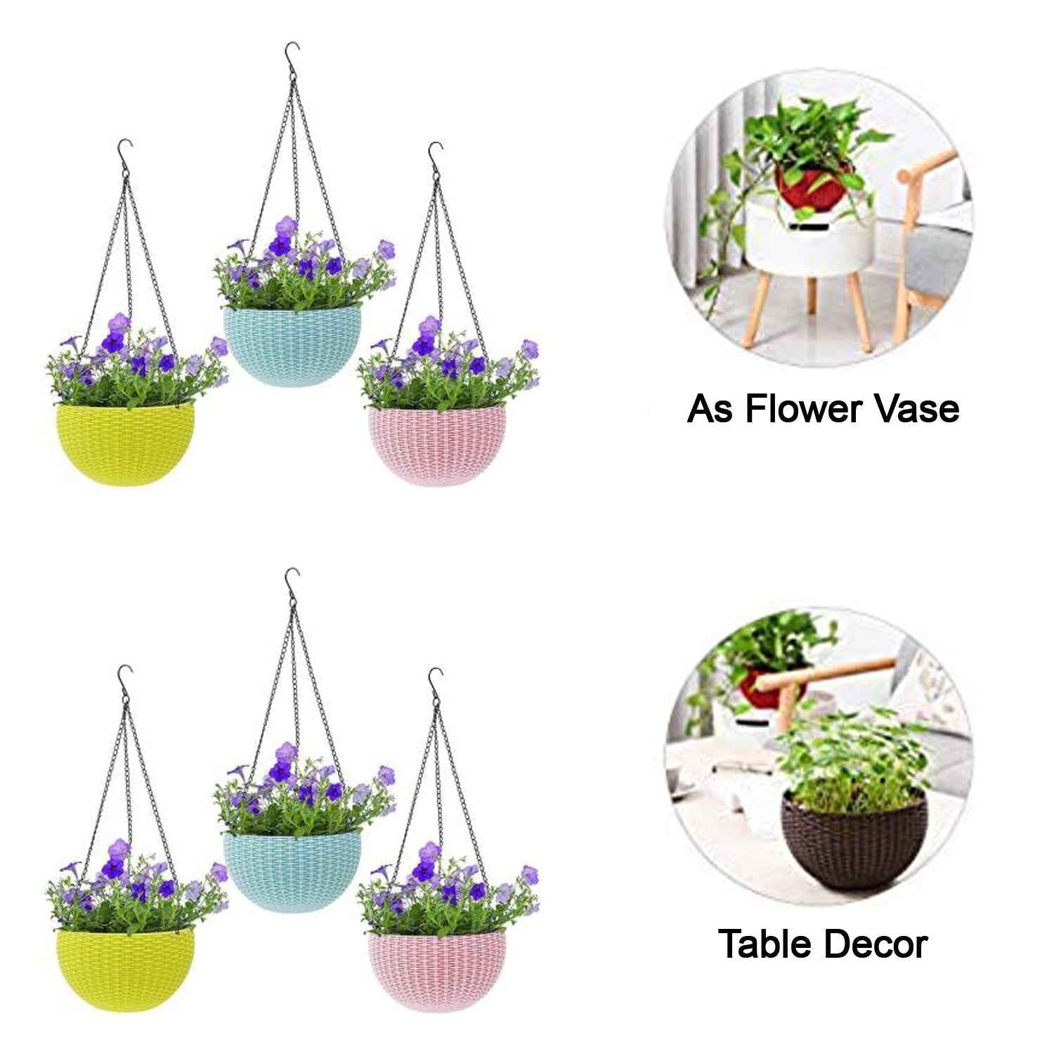 Hanging Flower Pot Set – Plastic Round Planters (6 Pcs) | Indo Glow