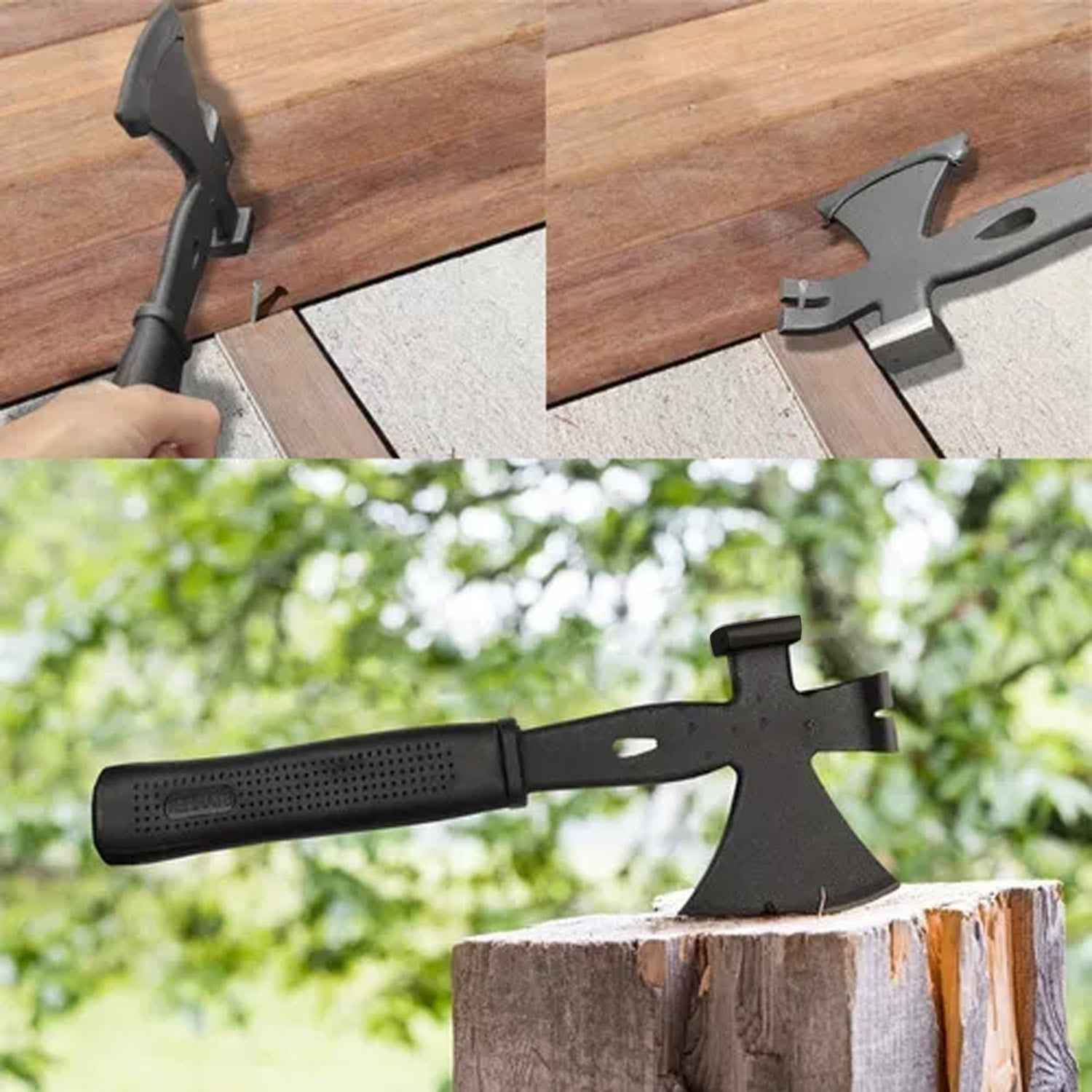 Ergonomic camping axe with convenient nail remover and heavy-duty hammer.