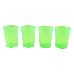 Reusable plastic tumblers filled with water, ready for serving.