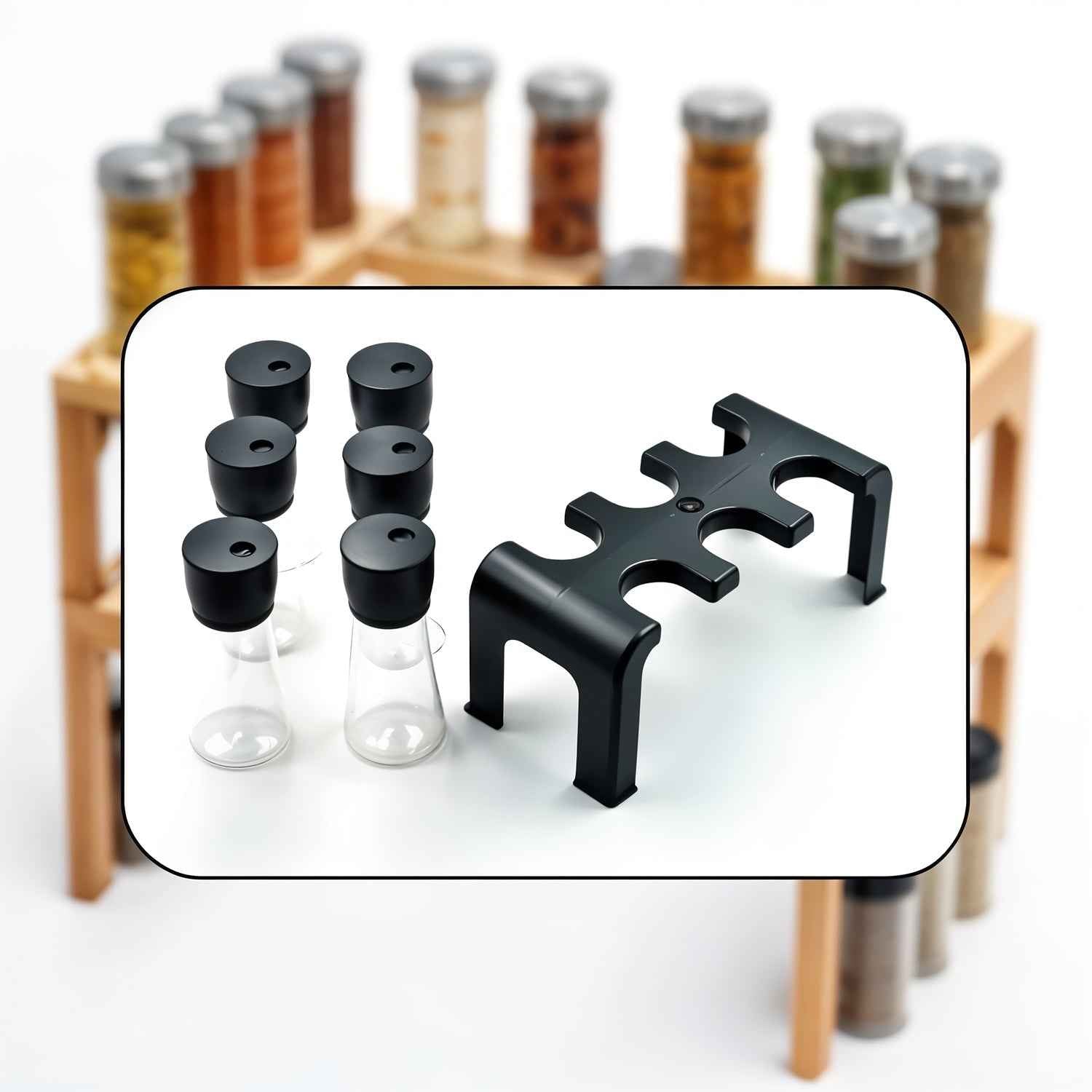 Plastic Spice Jar Set – 6-Piece Rotating Lid Organizer with Stand