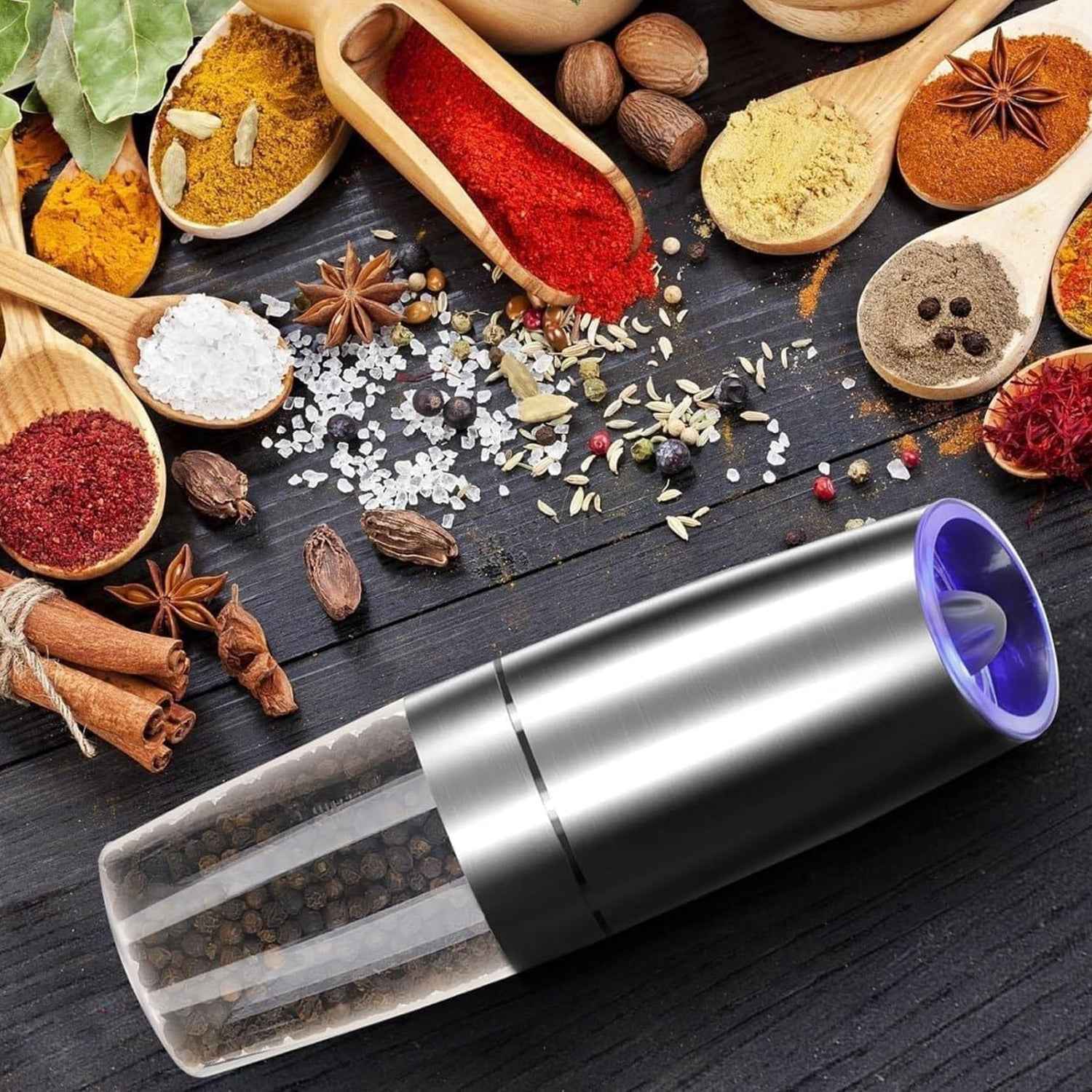 Automatic Gravity Salt and Pepper Grinder – Adjustable & LED Light