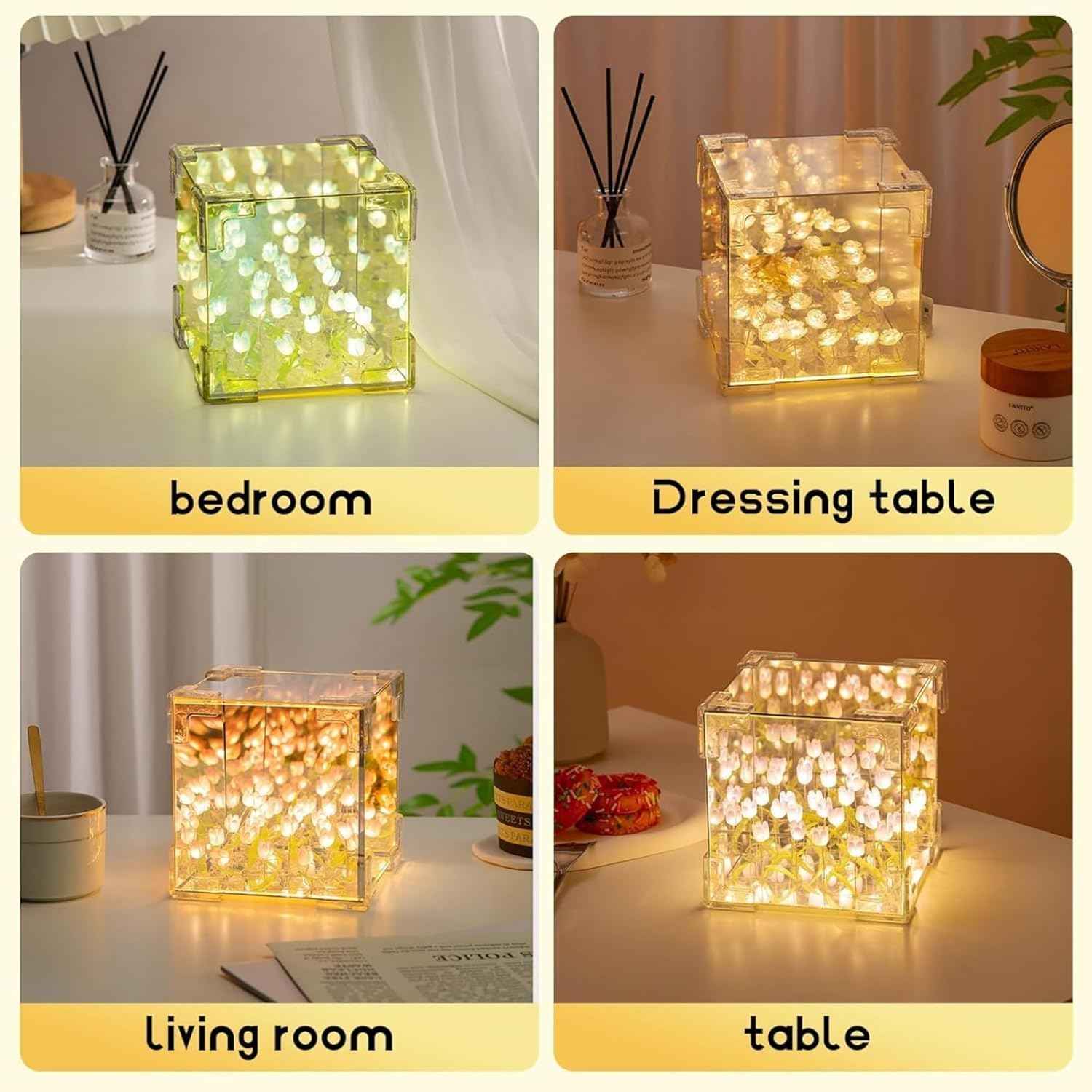 Tulip Flower LED Cube Night Lamp – Warm Ambient Decorative Light