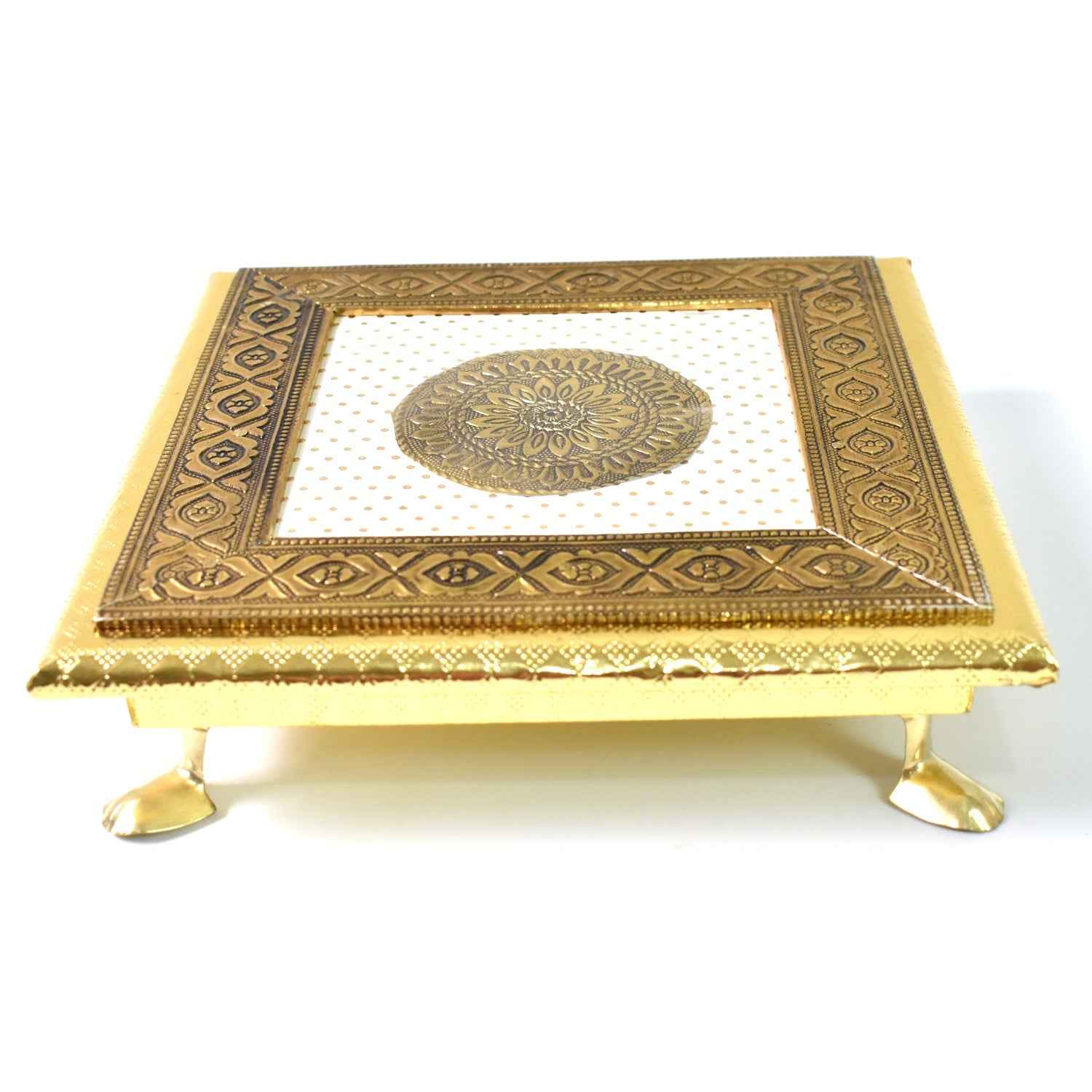 Pooja Chowki – Golden Square Wooden Bajot (20x20 CM) | Styleva