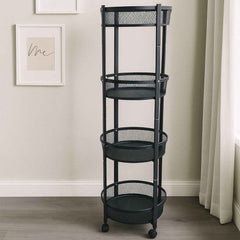 4-Layer Round Metal Mesh Storage Trolley with Wheels