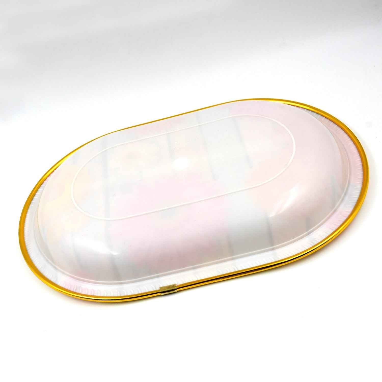 Multiple plastic serving trays stacked, highlighting their practical design.