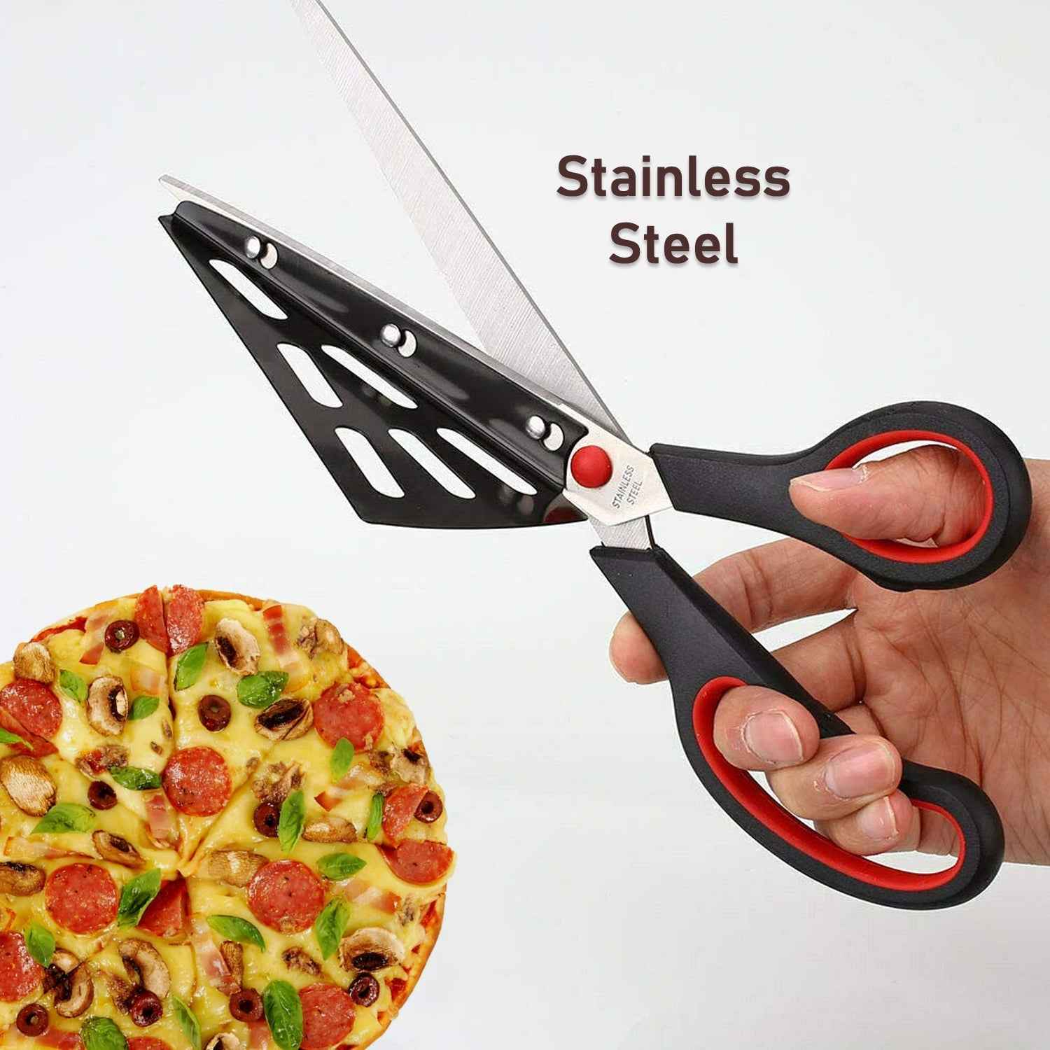 Ergonomic plastic handle of the Quickslice pizza cutter scissors.