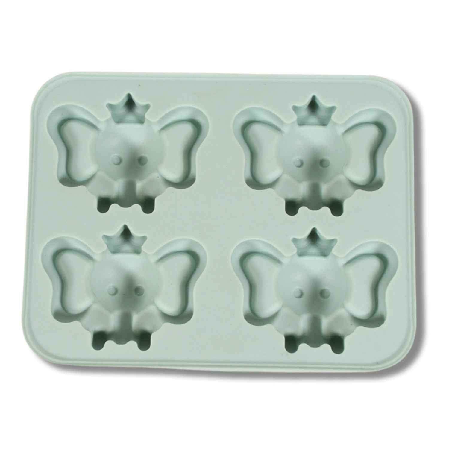 Ice cubes in fun cartoon shapes being easily released from the silicone tray.