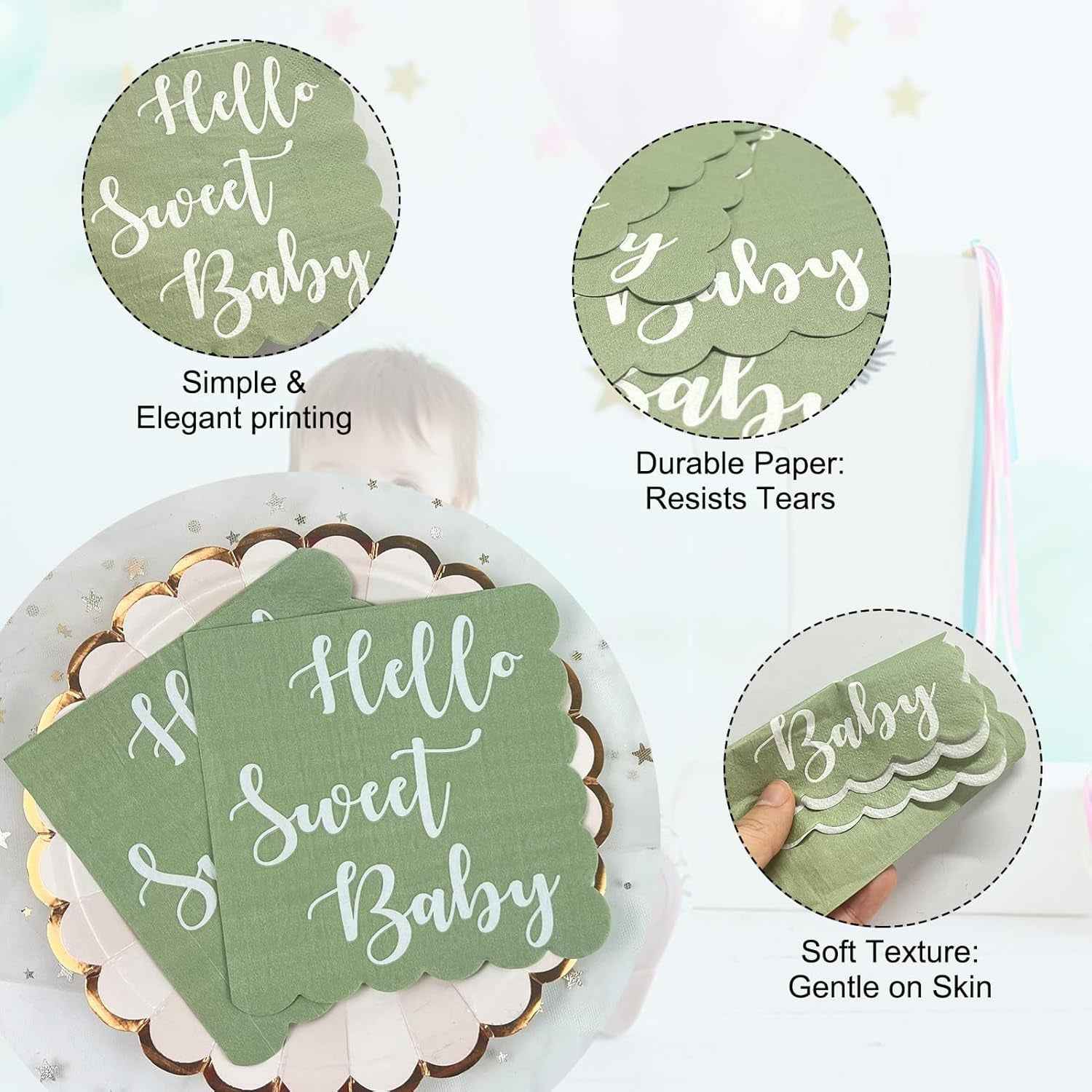 Hello Sweet Baby Party Paper Napkins – Soft Mint Green 24 Pc