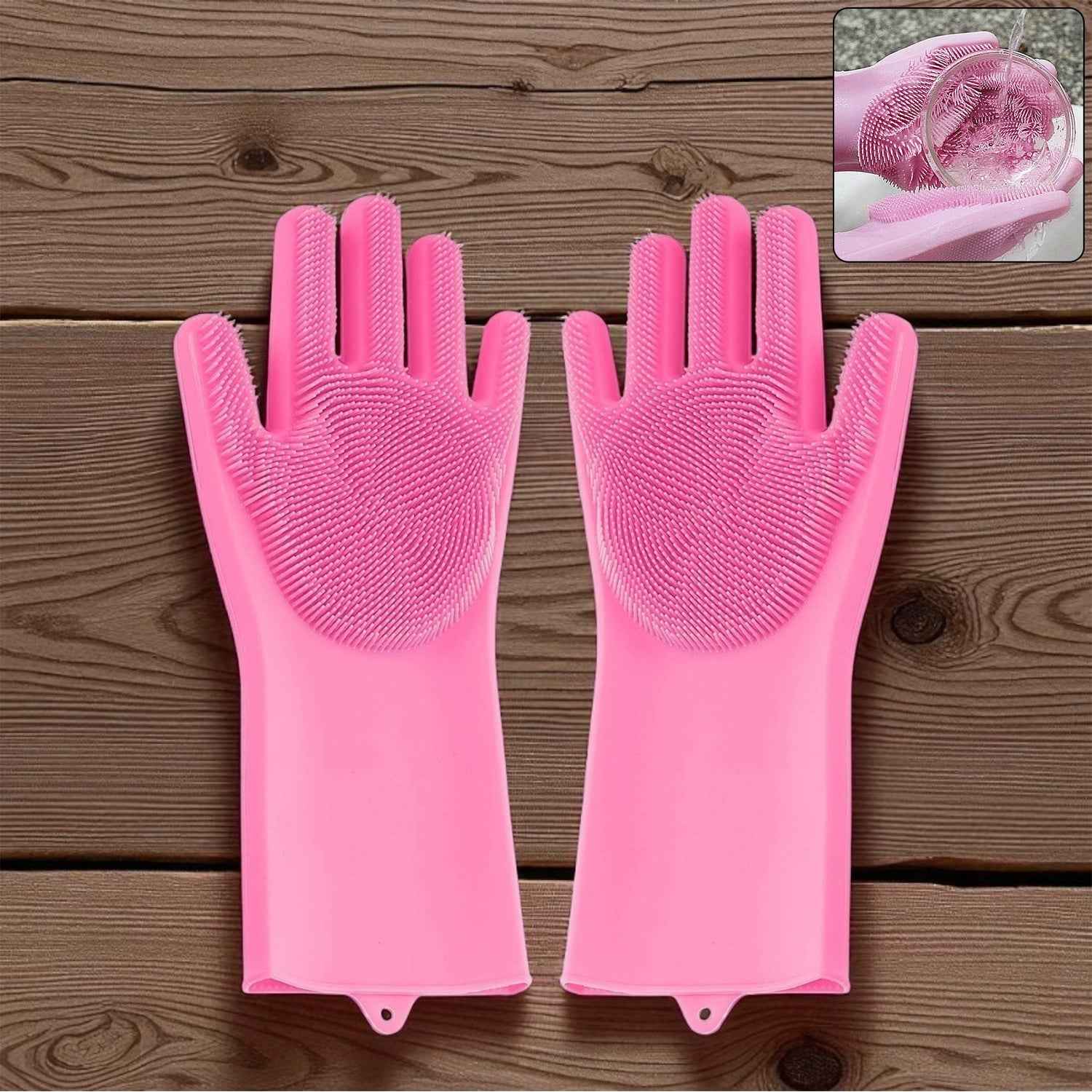 Pair of multicolor silicone cleaning gloves on a clean white background.