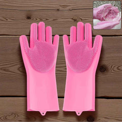 Pair of multicolor silicone cleaning gloves on a clean white background.