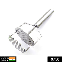 Ergonomic stainless steel hand masher for efficient mashing of vegetables and Indian dishes.