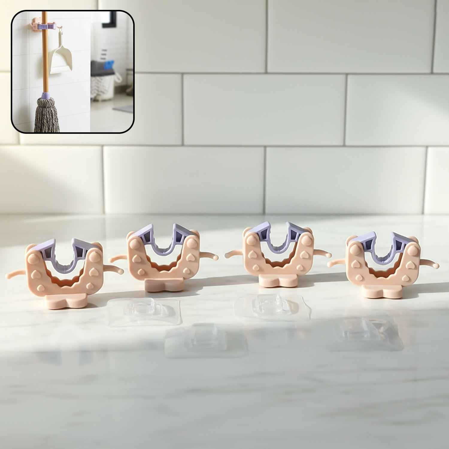 Broom & Mop Holder Clips – Strong Adhesive 4-Pc Wall Storage Set