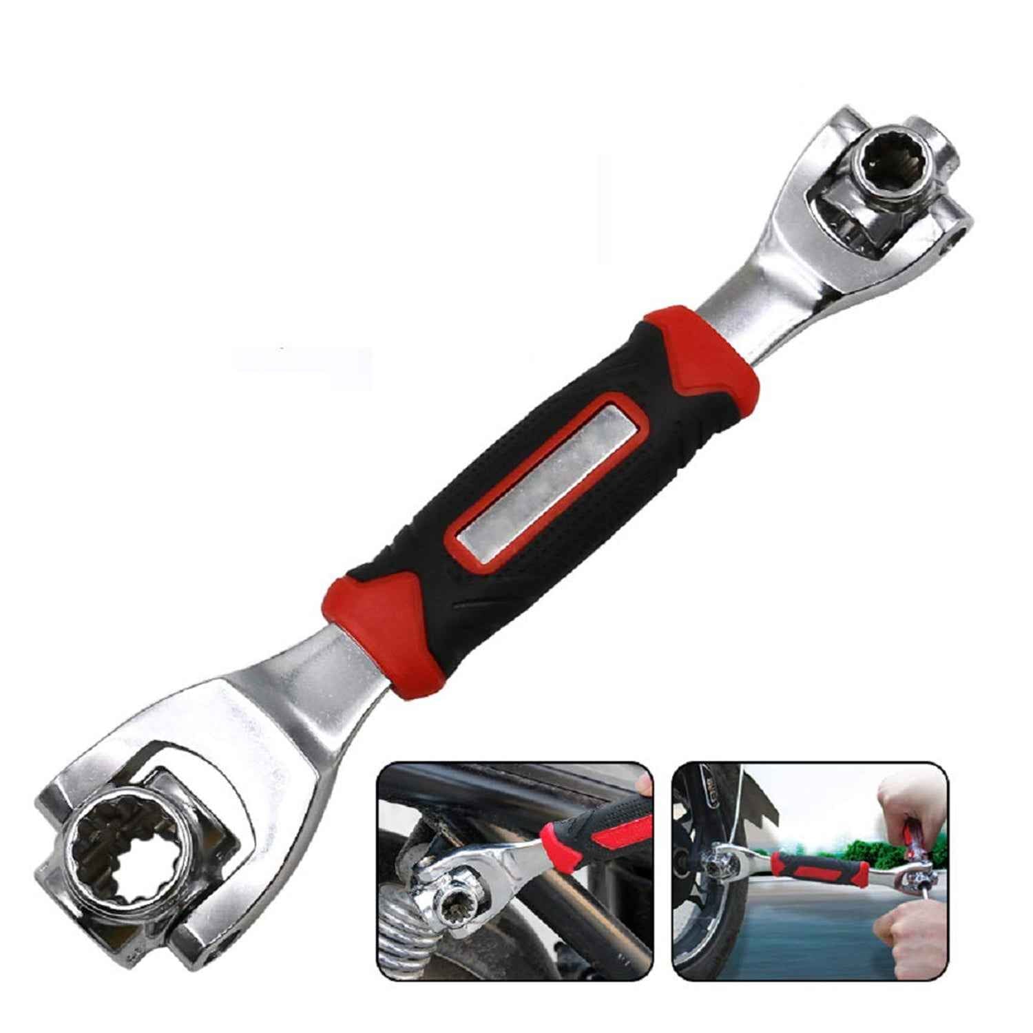 Close-up of the versatile 48-in-1 universal socket wrench addressing various bolt types.