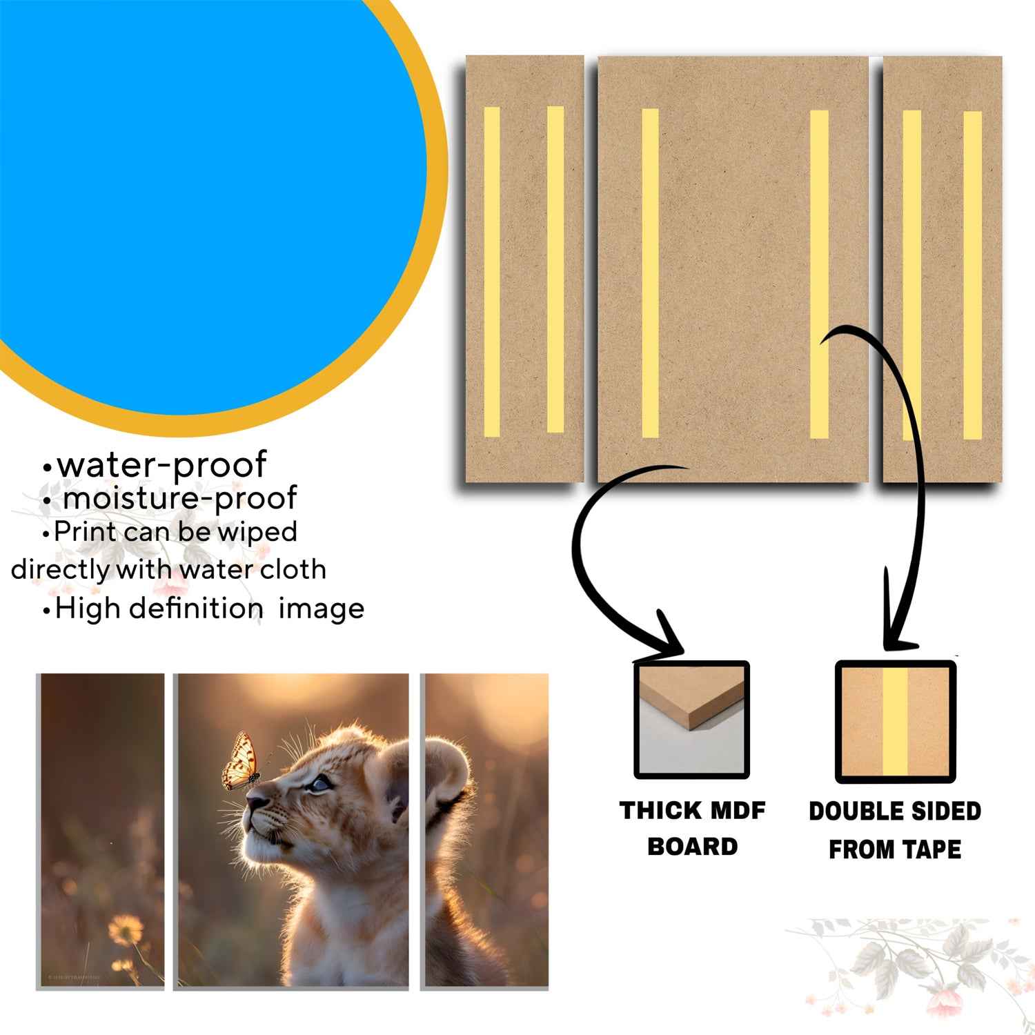 Lion Cub Wall Art Ð Vibrant 3-Panel MDF Wall Decor