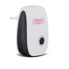 Compact ultrasonic pest repeller showing its effective coverage area illustration.