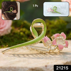 Floral Hair Claw Clip – Elegant Green Leaf with Pink Flower
