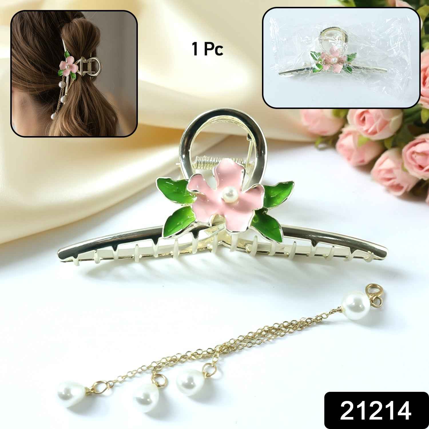 Floral Pearl Hair Claw Clip – Elegant Decorative Chain