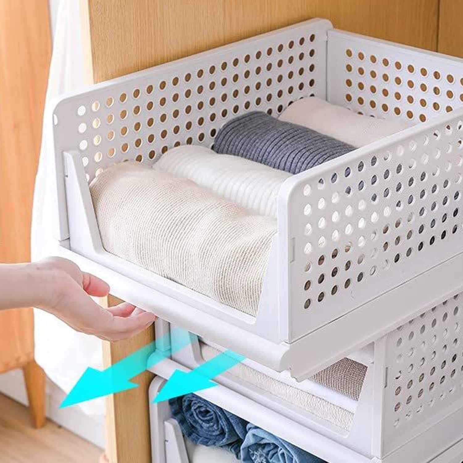 A foldable 3-layer clothes organizer, perfect for compact wardrobe storage in Indian homes.