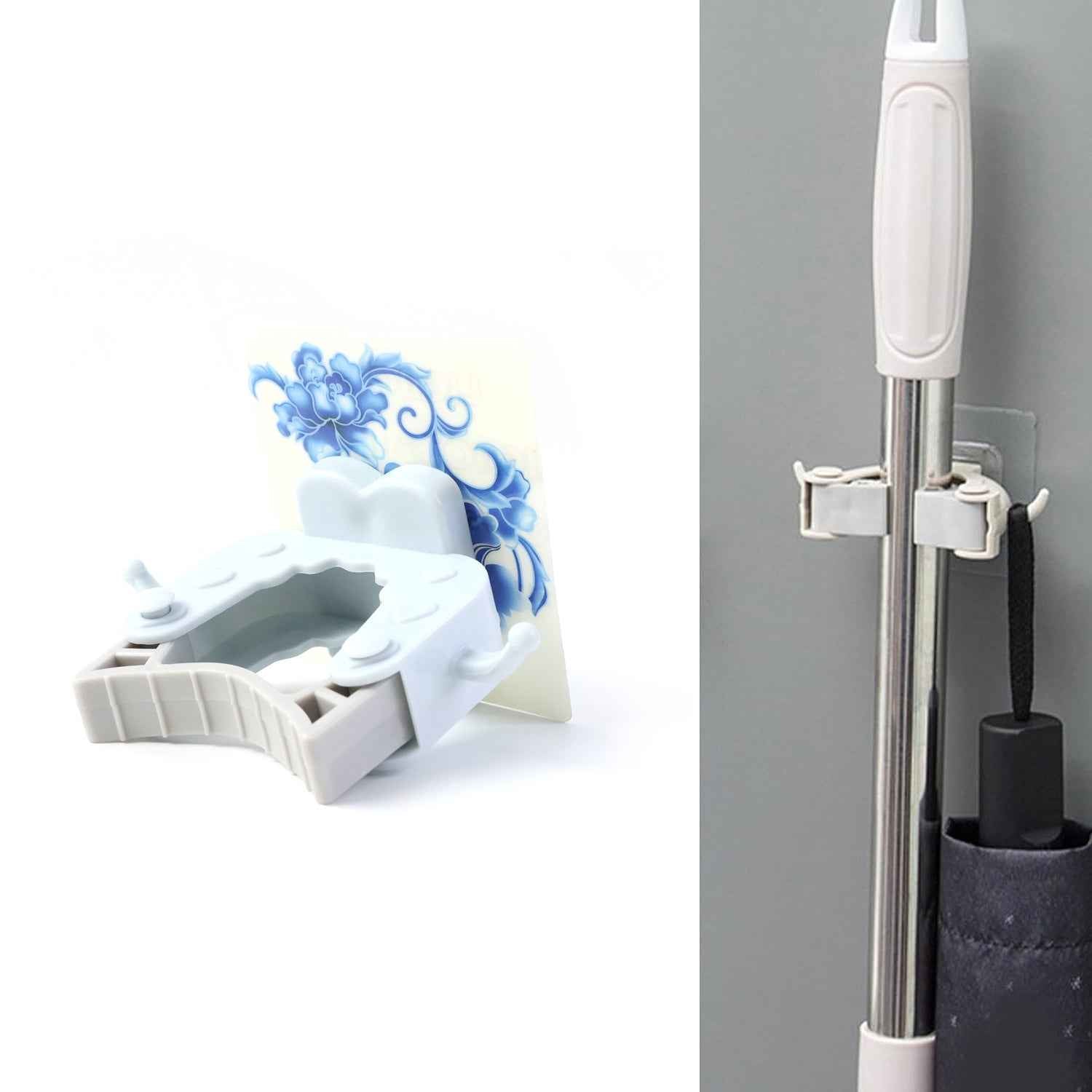 Mop & Broom Holder Clip – Strong Adhesive & Side Hook