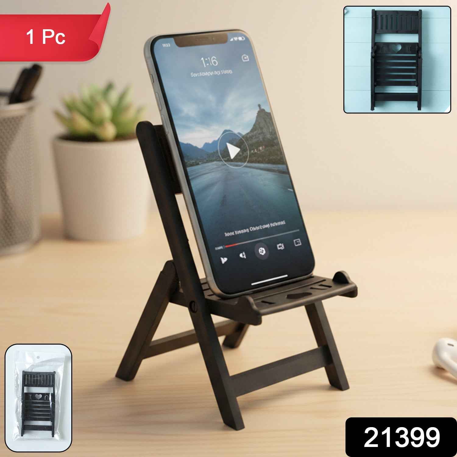 Mini Chair Mobile Stand – Foldable Black Phone Holder for Stable Viewing