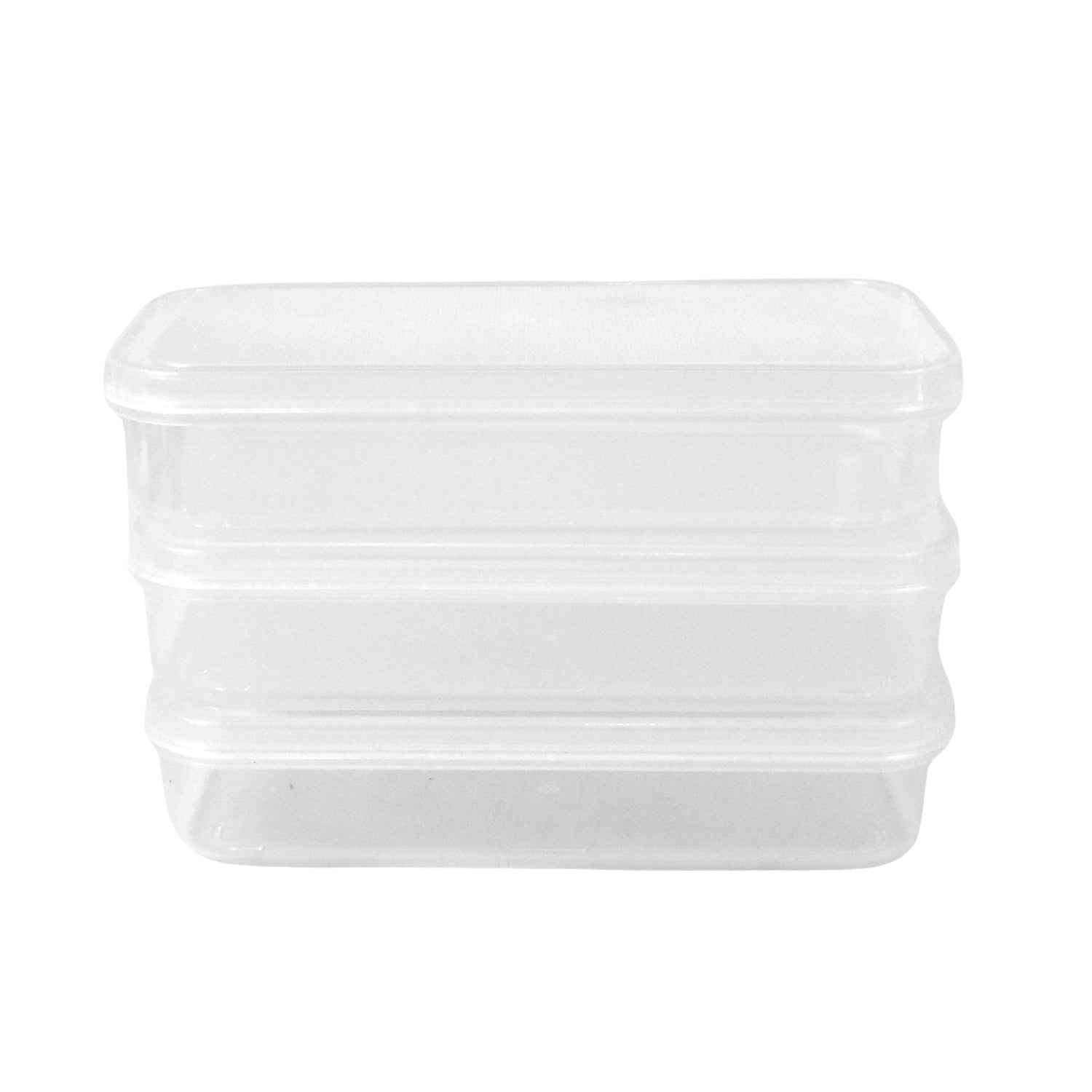 A stack of three Konvex plastic lunch boxes, ideal for efficient kitchen organization.