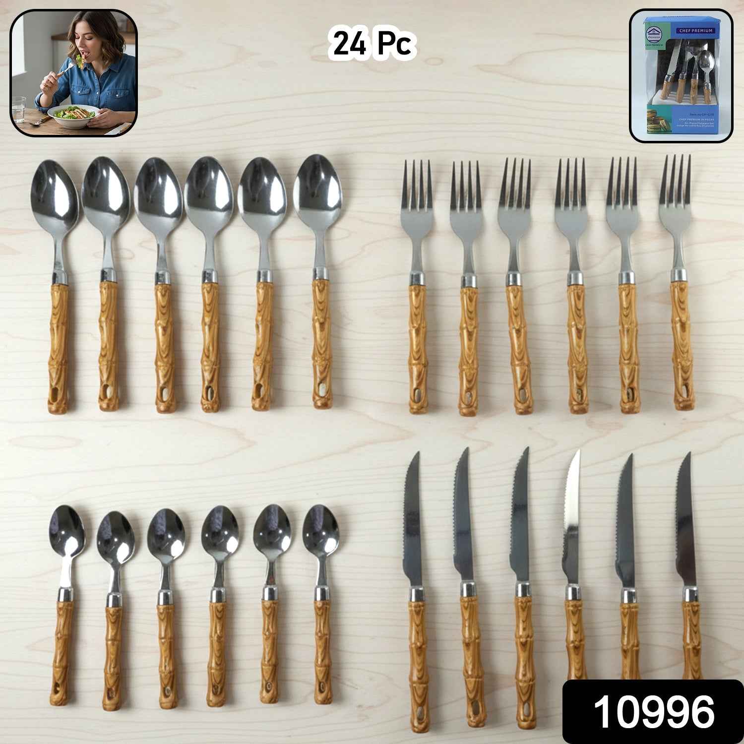 Stainless Steel Cutlery Set – Elegant Wooden Handle, 24 Pieces