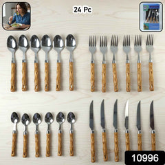 Stainless Steel Cutlery Set – Elegant Wooden Handle, 24 Pieces