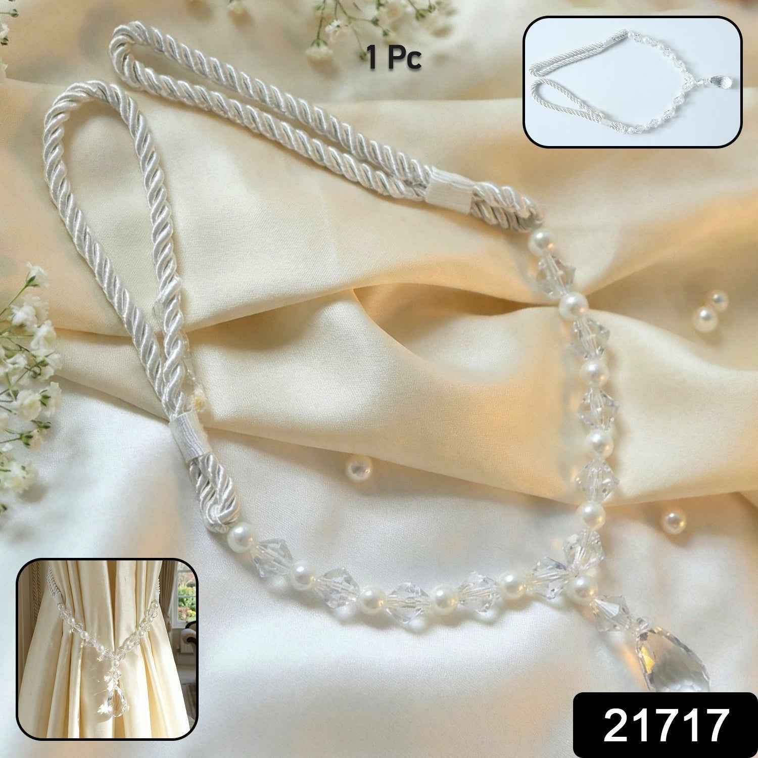 Crystal Pearl Beaded Curtain Tieback – Elegant Twisted Rope Design
