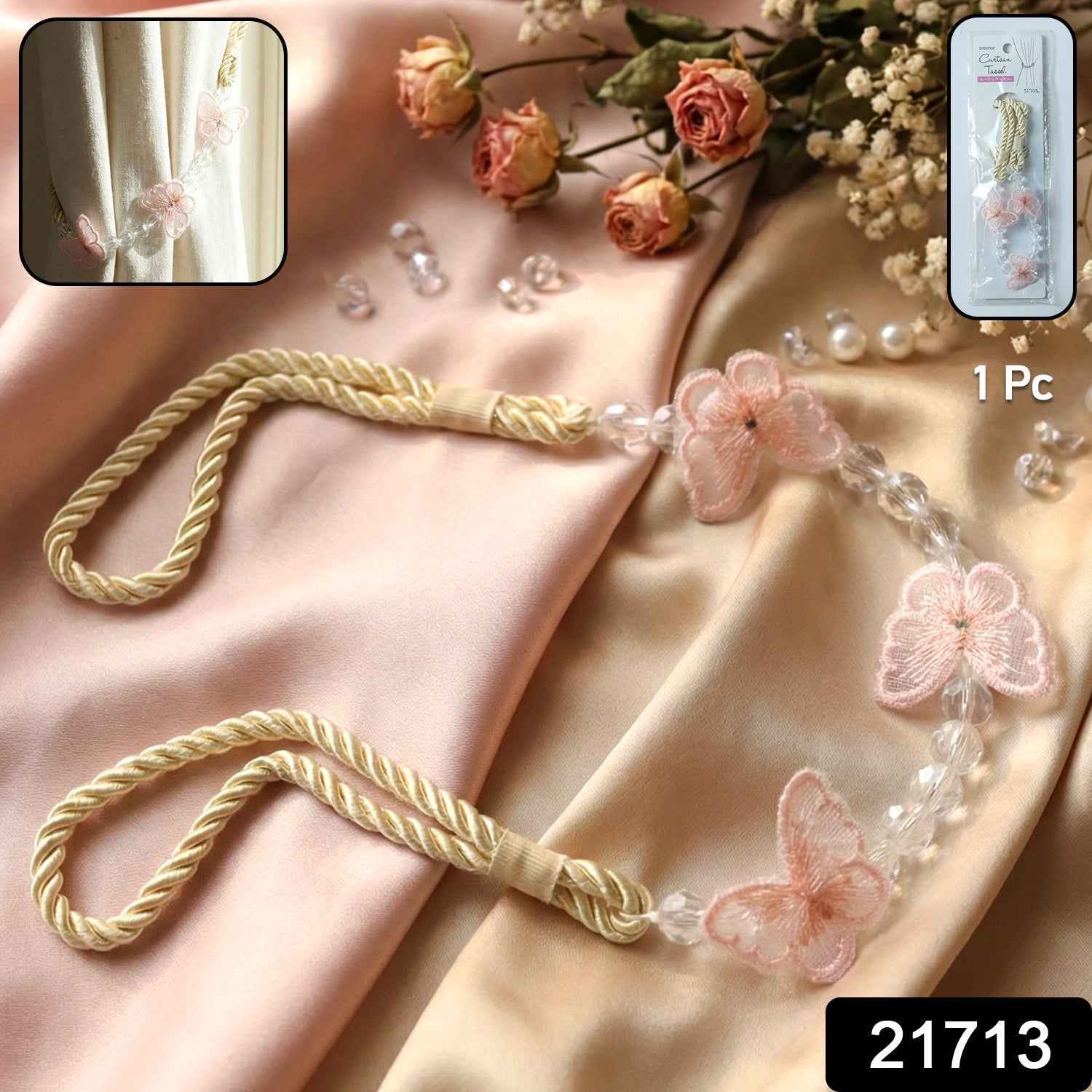 Floral Beaded Curtain Tieback – Elegant Butterfly Design