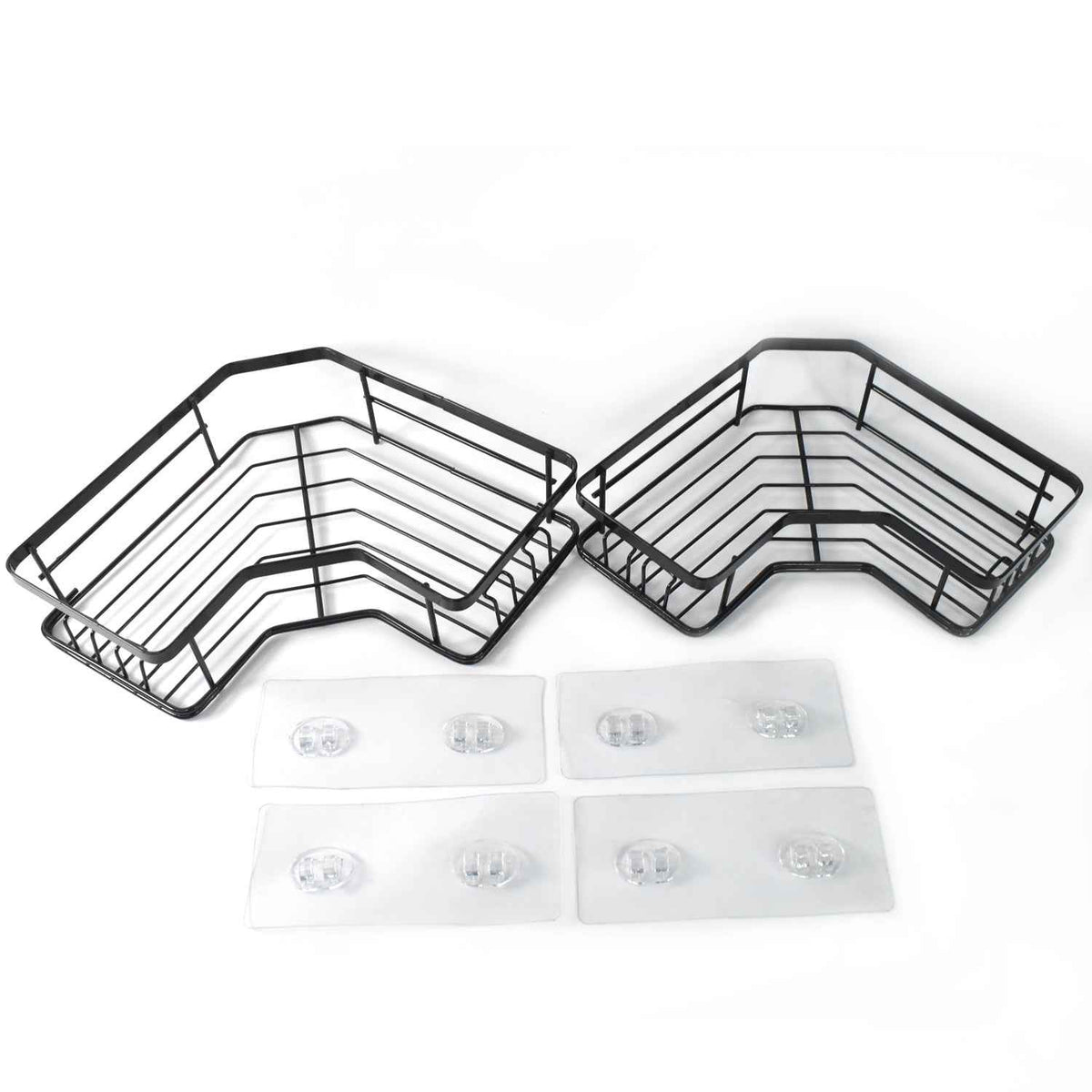 Two-piece stainless steel corner shelf organizer with black iron coating mounted on bathroom wall