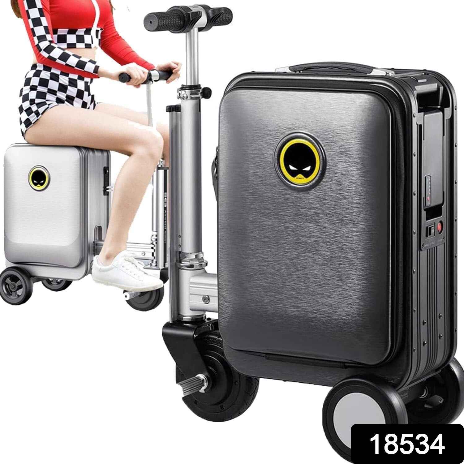 Person riding the  Electric Scooter Suitcase through an airport terminal, showcasing effortless mobility.