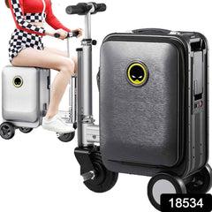 Person riding the  Electric Scooter Suitcase through an airport terminal, showcasing effortless mobility.
