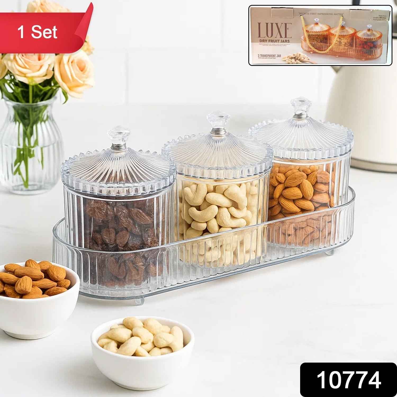 Dry Fruit Storage Jars – 3-Piece Set with Tray for Freshness