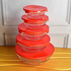 Organivo glass bowls stacked neatly, demonstrating their space-saving design for kitchen storage.