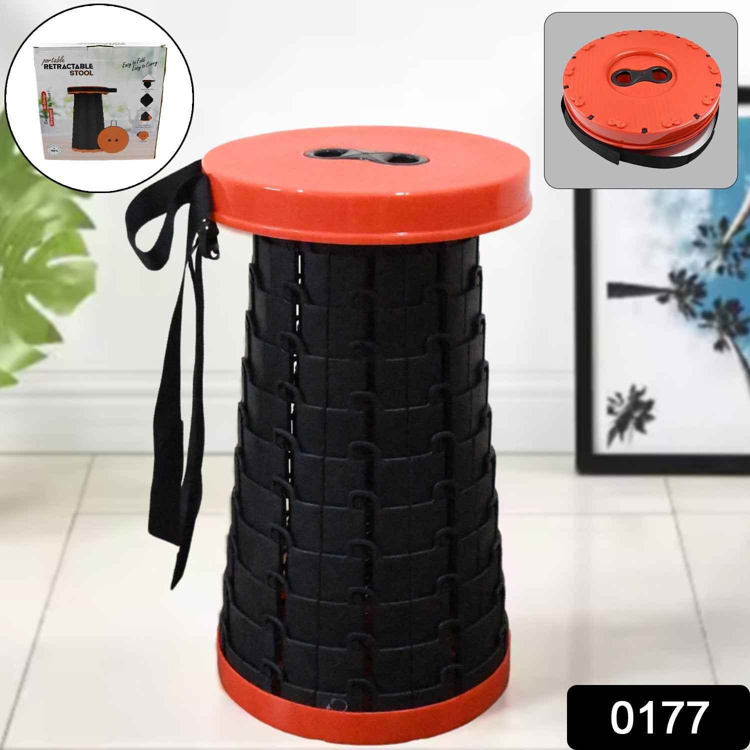 A person easily carrying the lightweight retractable folding stool with its adjustable strap.