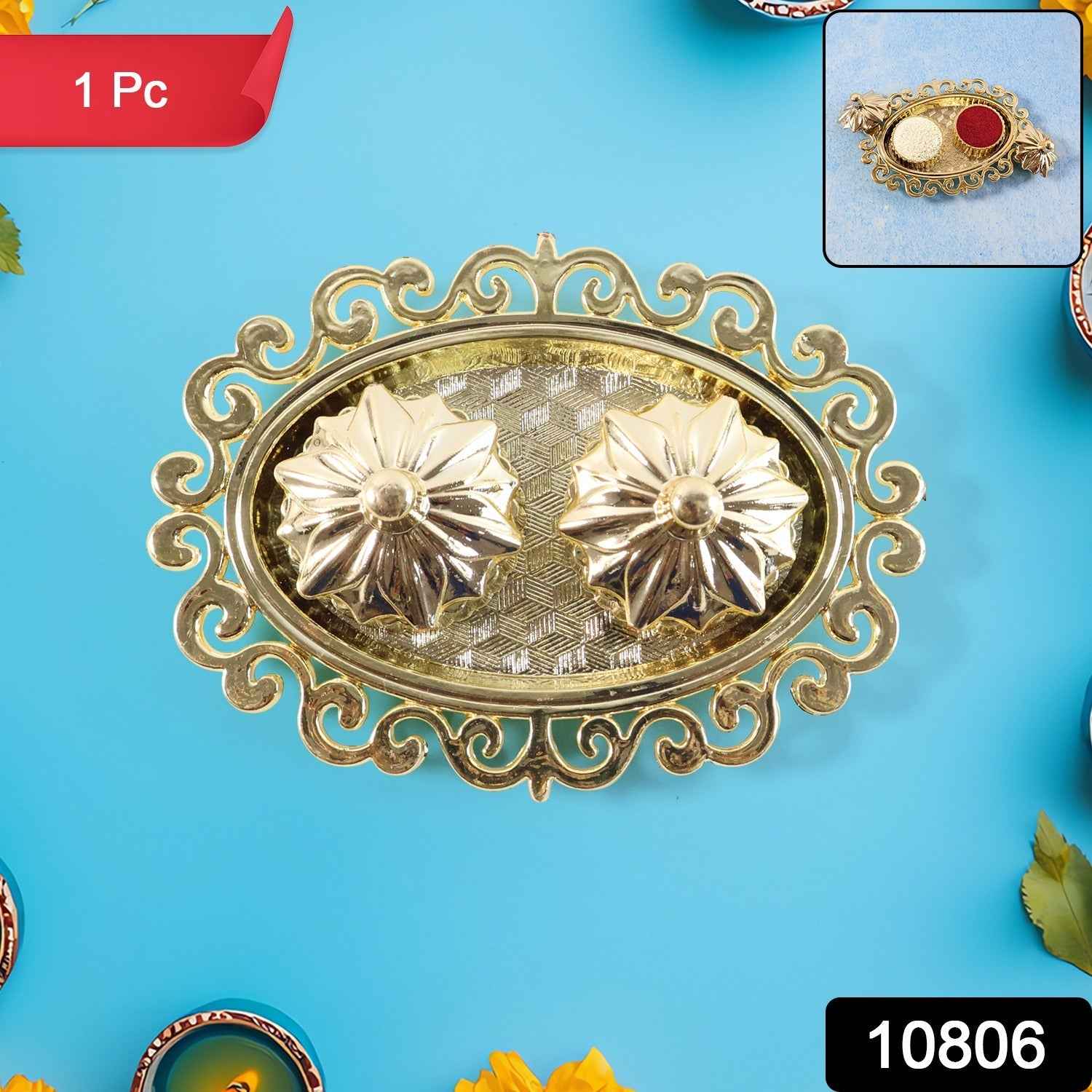 Double Kumkum Dish – Ornate Golden Plastic Pooja Tray