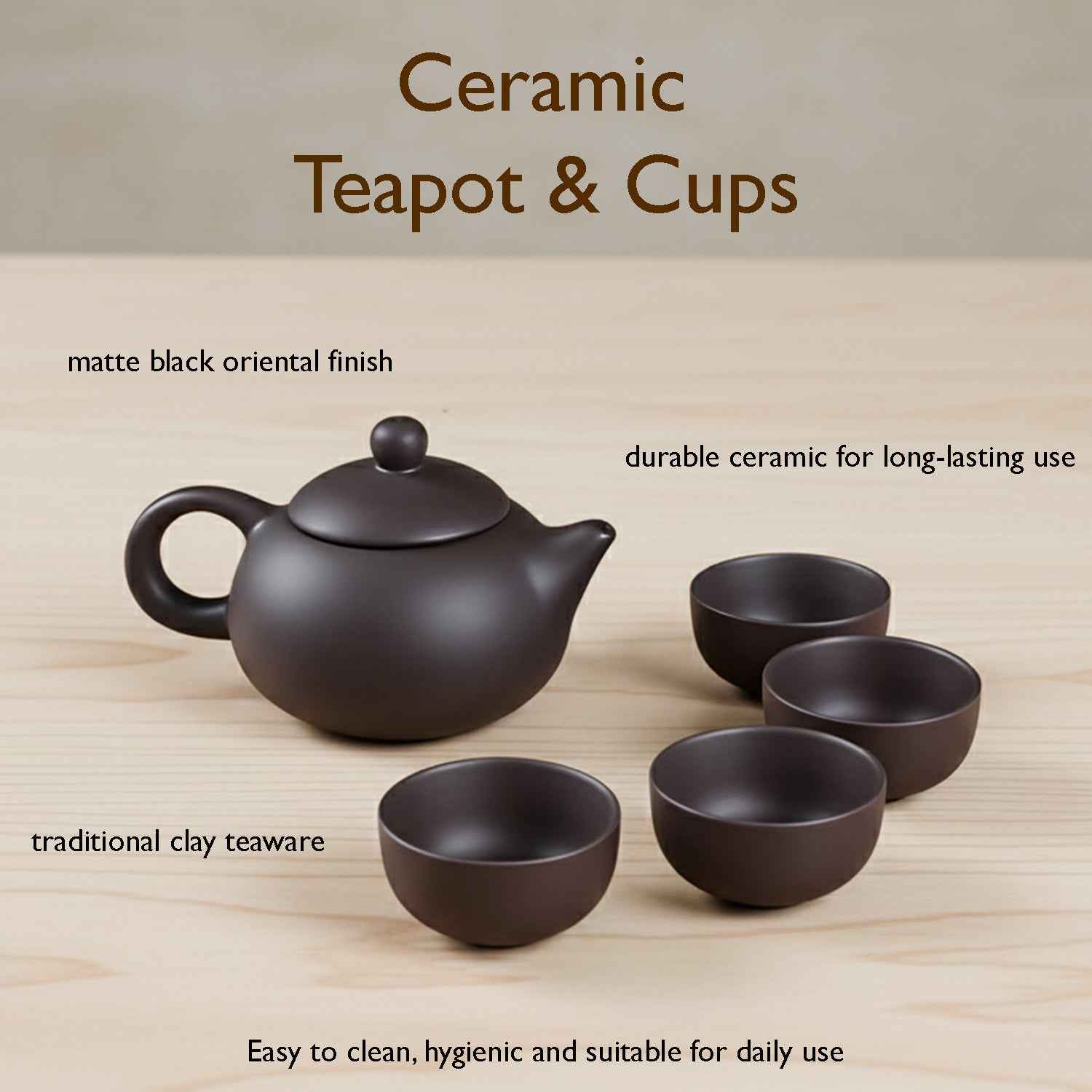 Matte Black Ceramic Tea Set – Elegant Teapot with 4 Cups