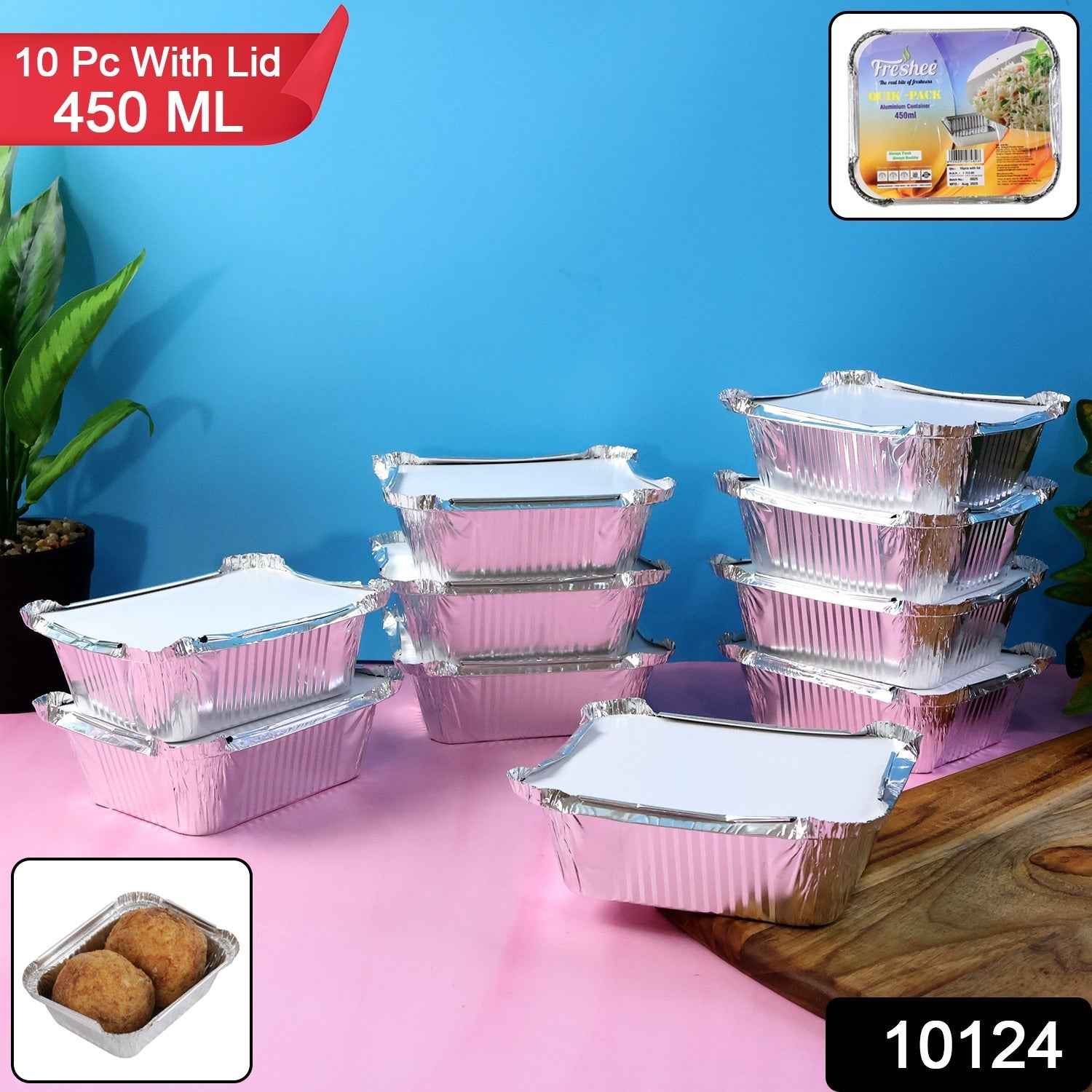 Aluminium Food Container with Lid – 450 ml Leak-Resistant 10 Pc