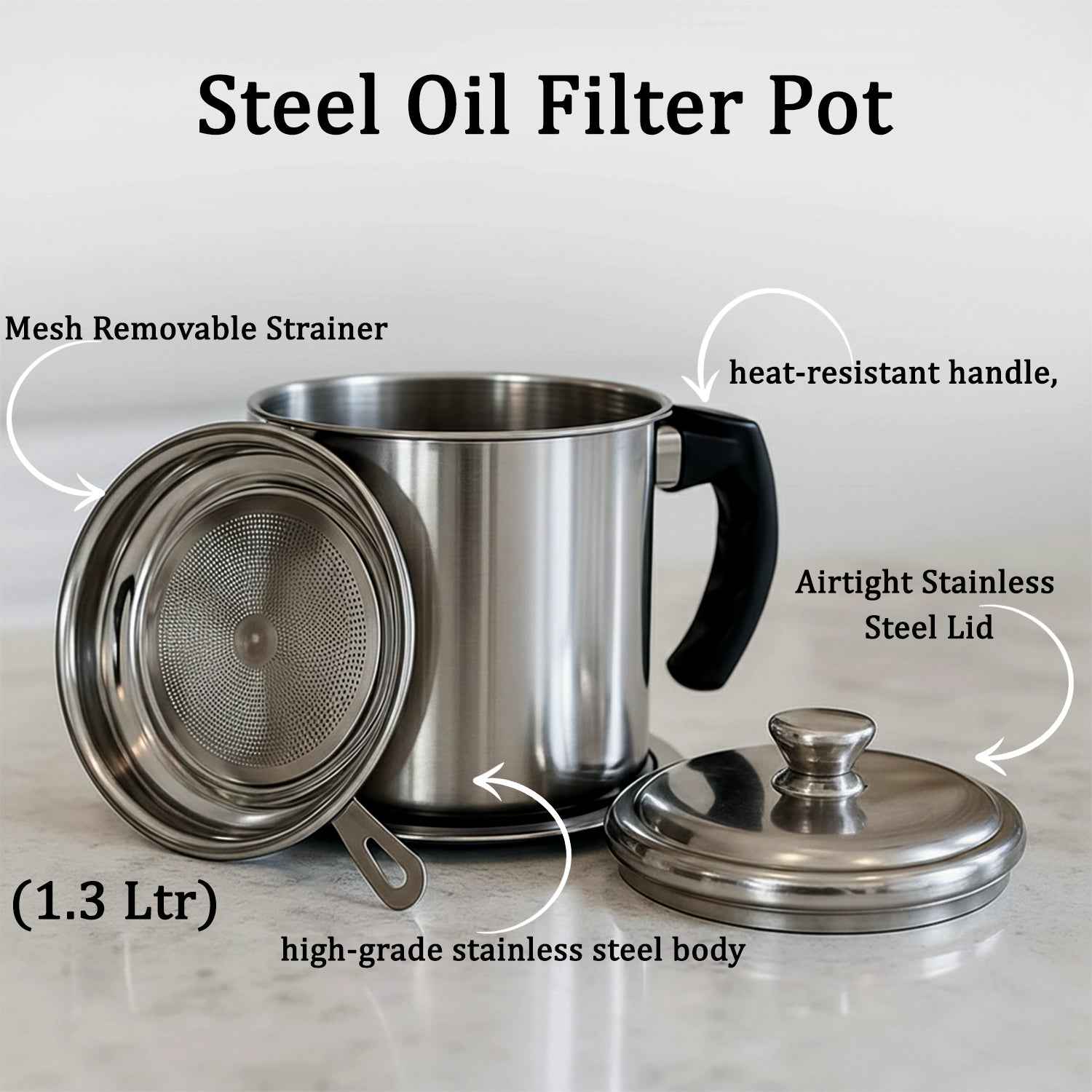Stainless Steel Oil Filter Pot – 1.3L Durable & Reusable