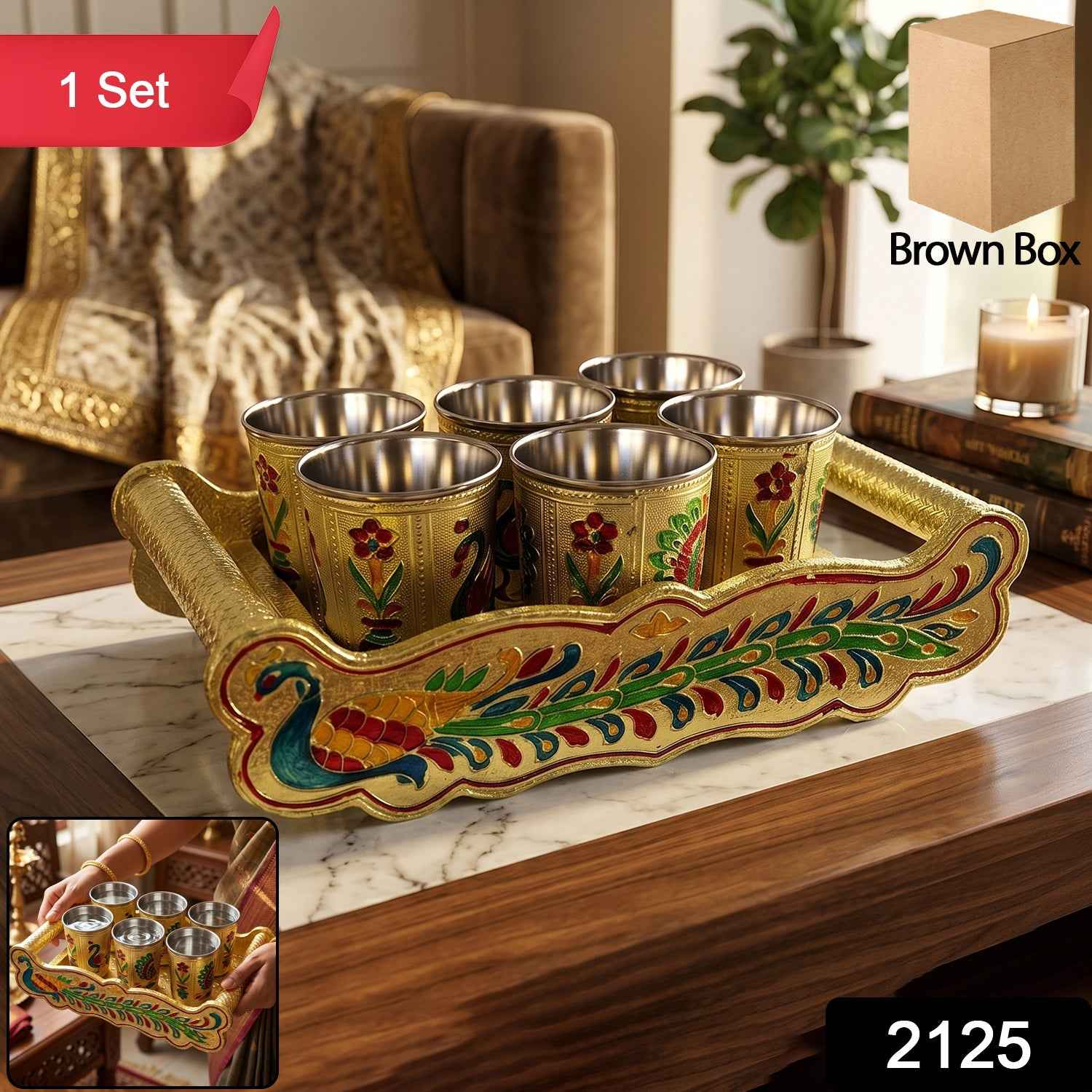 Minakari Serving Tray Set – Peacock Design Glasses | Indo Glow