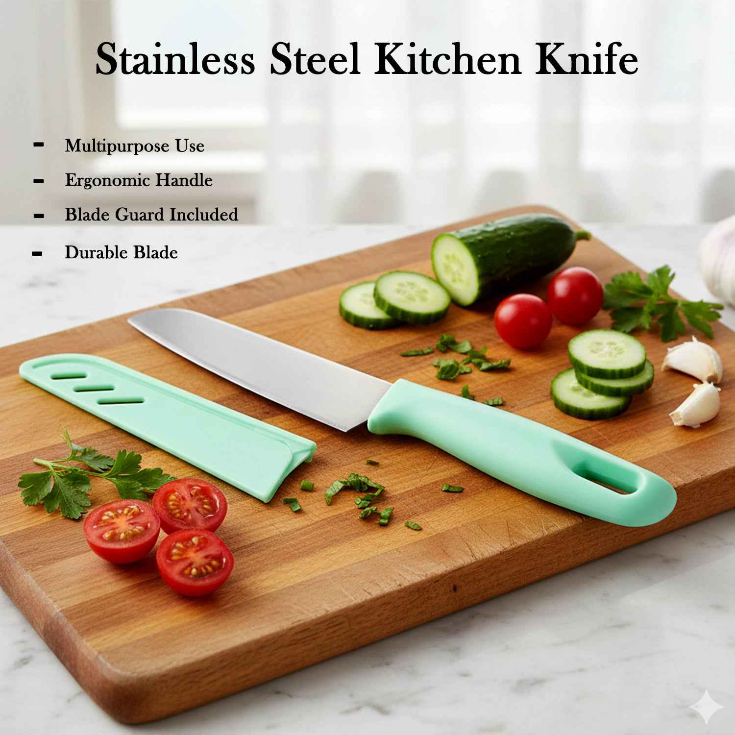 Stainless Steel Kitchen Knife – Ergonomic Soft Grip & Protective Cover