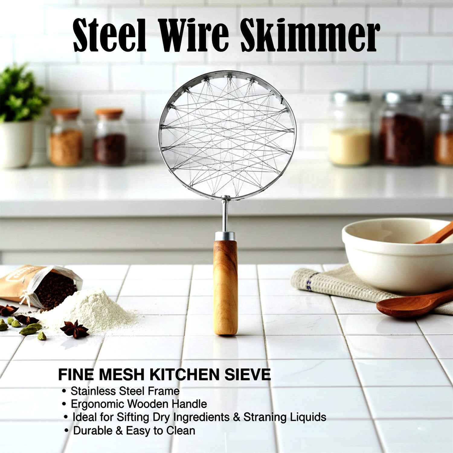 Stainless Steel Wire Skimmer – Heat-Resistant Wooden Handle