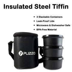 Compact insulated stainless steel lunch box set with shoulder strap carry bag