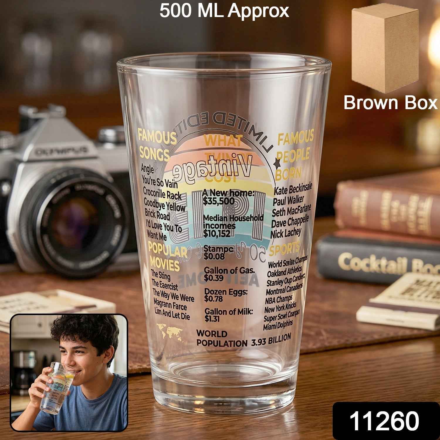 Printed Vintage Trivia Drinking Glass Ð Unique Novelty Gift