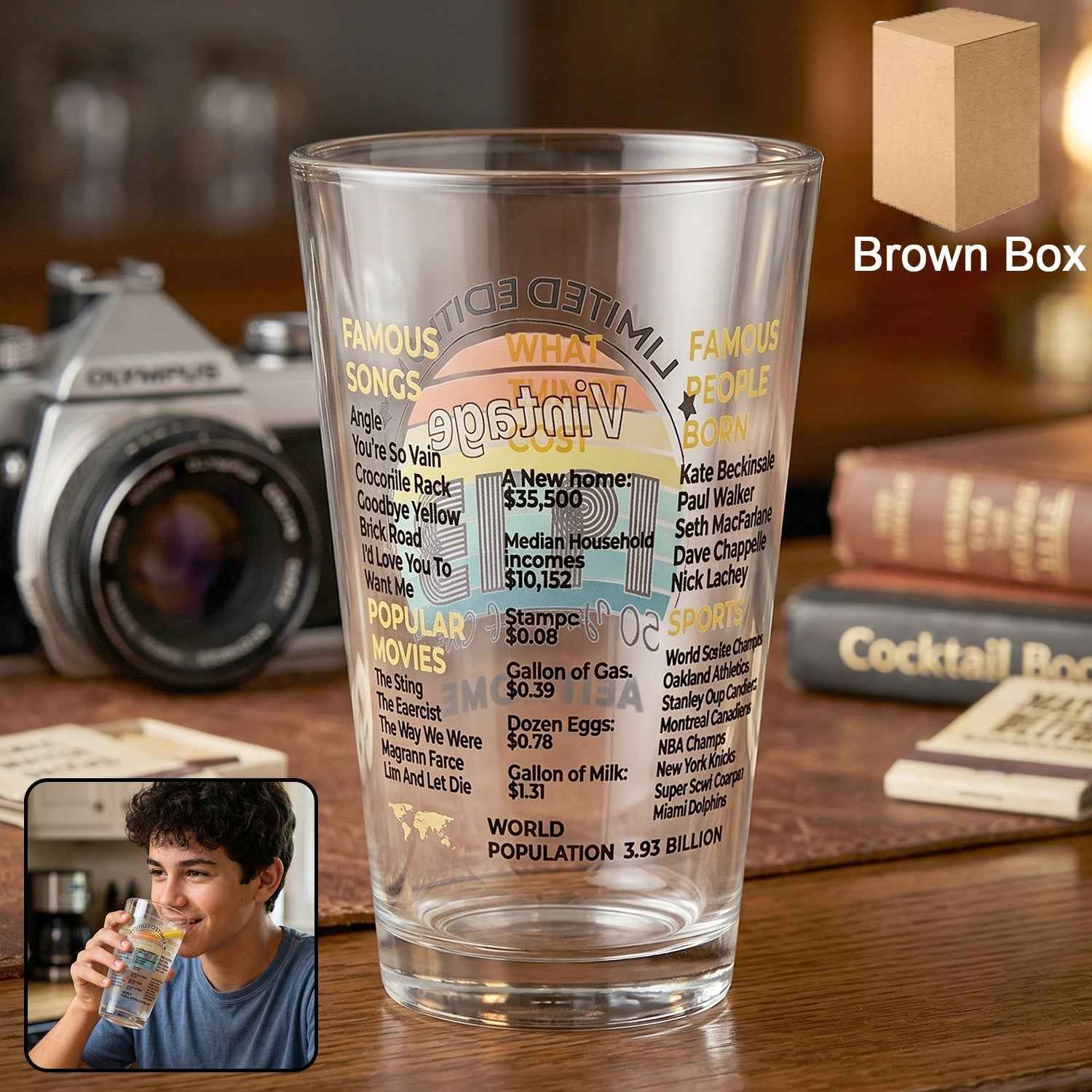 Printed Vintage Trivia Drinking Glass Ð Unique Novelty Gift