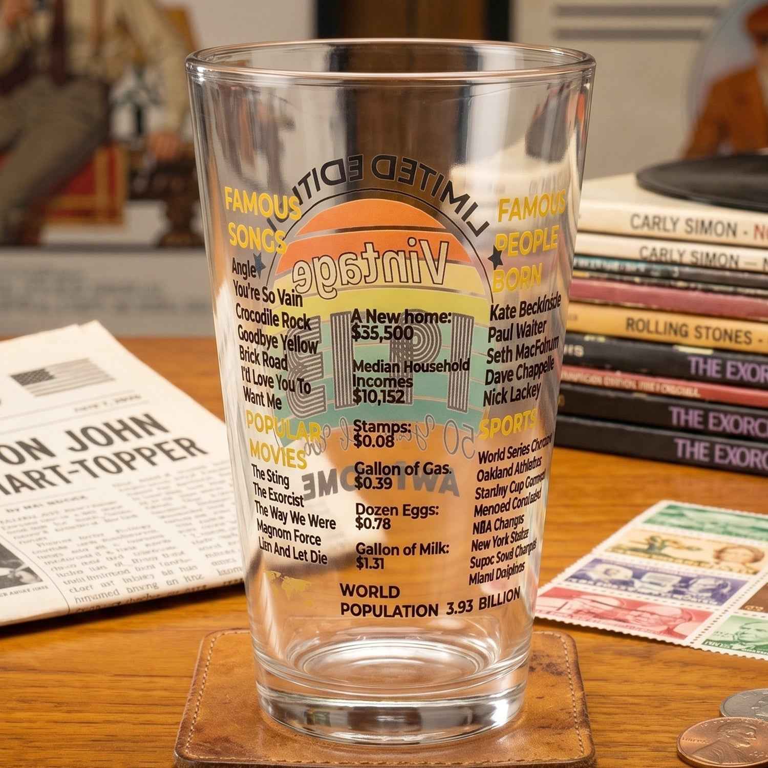 Printed Vintage Trivia Drinking Glass Ð Unique Novelty Gift