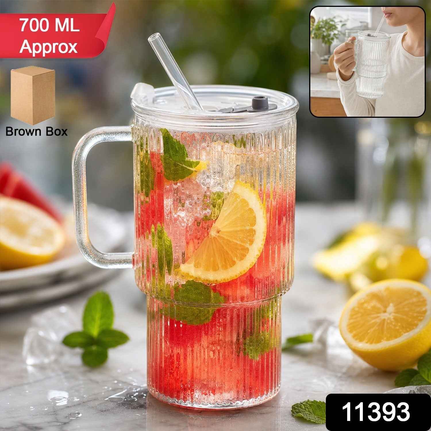 Glass Tumbler with Lid Ð Large 700ml Capacity with Handle for Cold Beverages