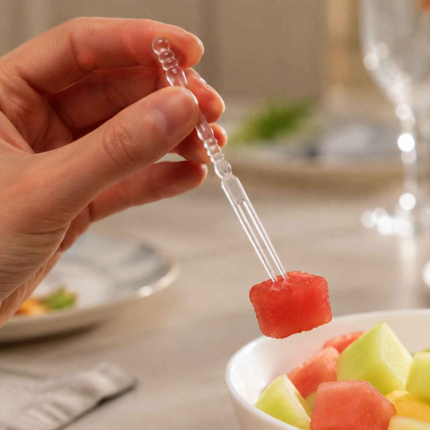 Mini Disposable Plastic Fruit Fork Ð Elegant Beaded Handle Design