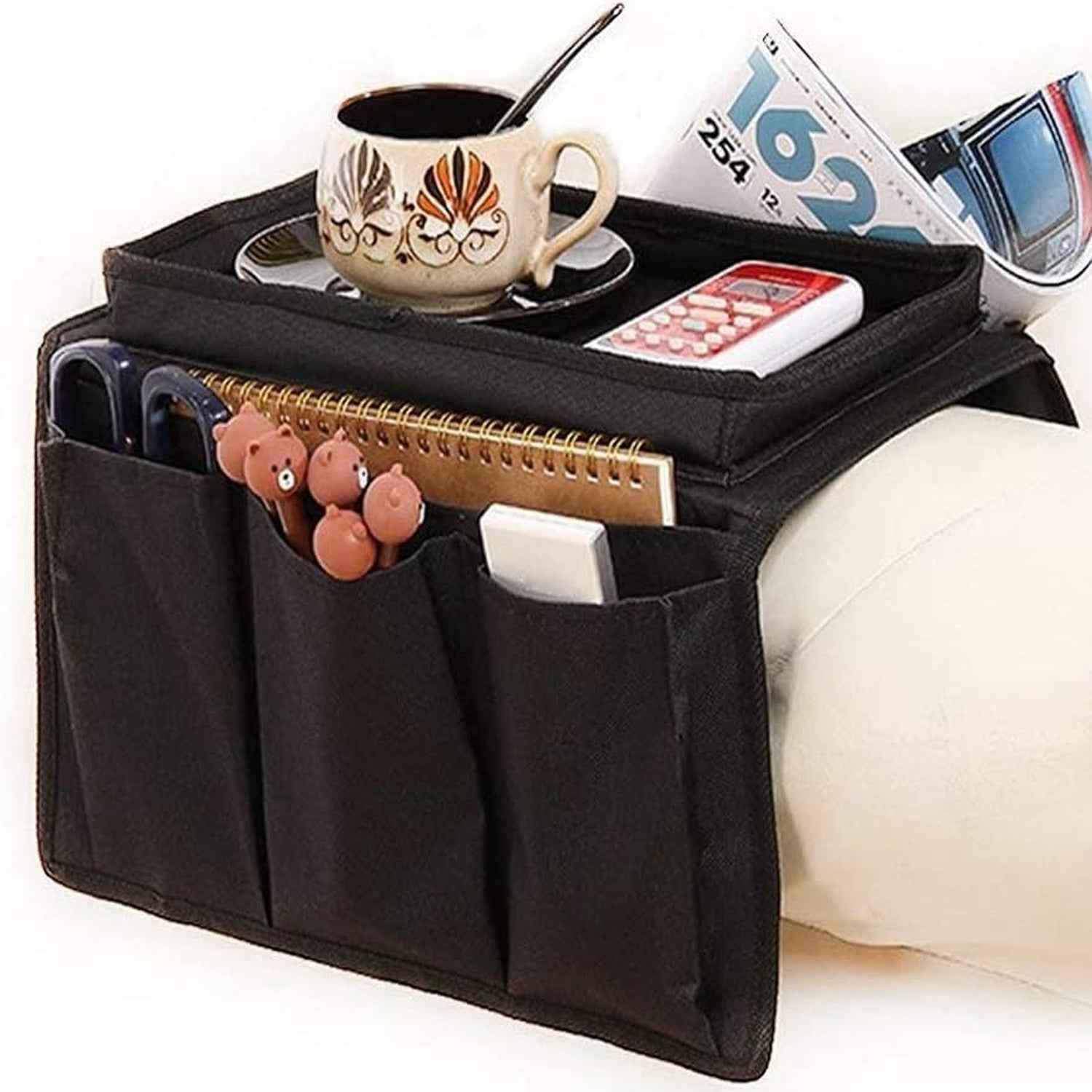 Sofa Armrest Organizer – Black Storage Caddy with Tray | Organivo