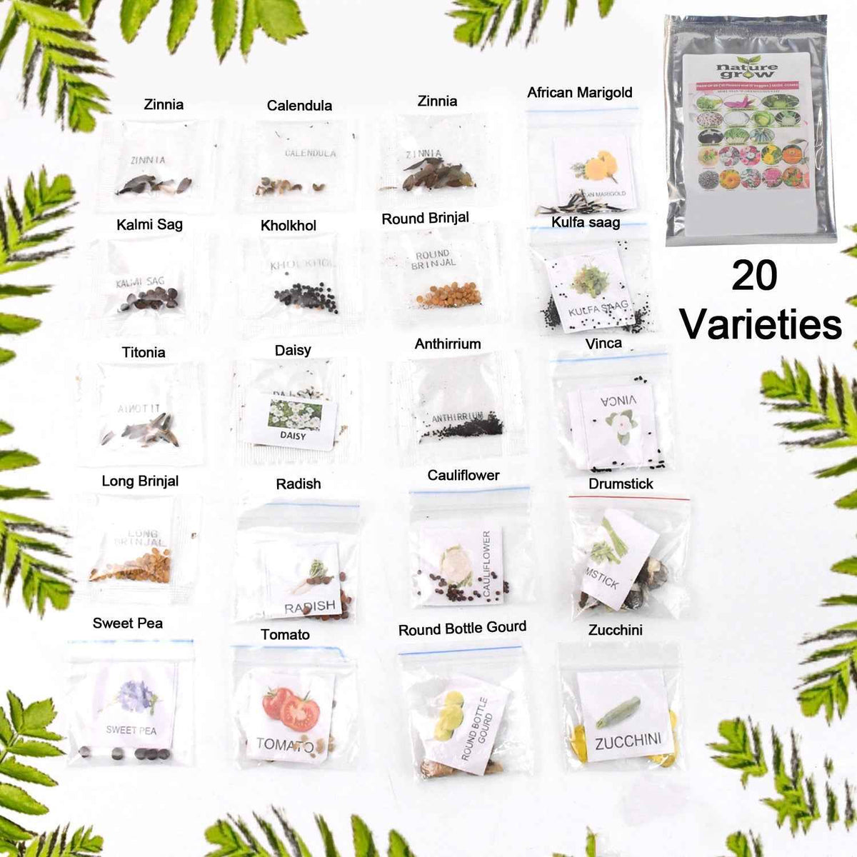 Close-up of vegetable and flower seeds mix from the 20 varieties combo for home gardening.